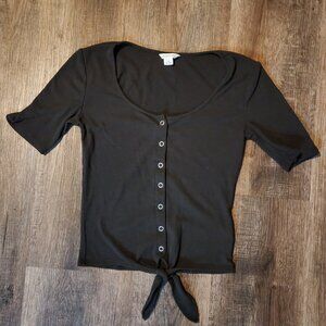 🩶Aeropostale💚 Forest Green Ribbed S/S Button-Front Tie-Knot Crop Top-XS